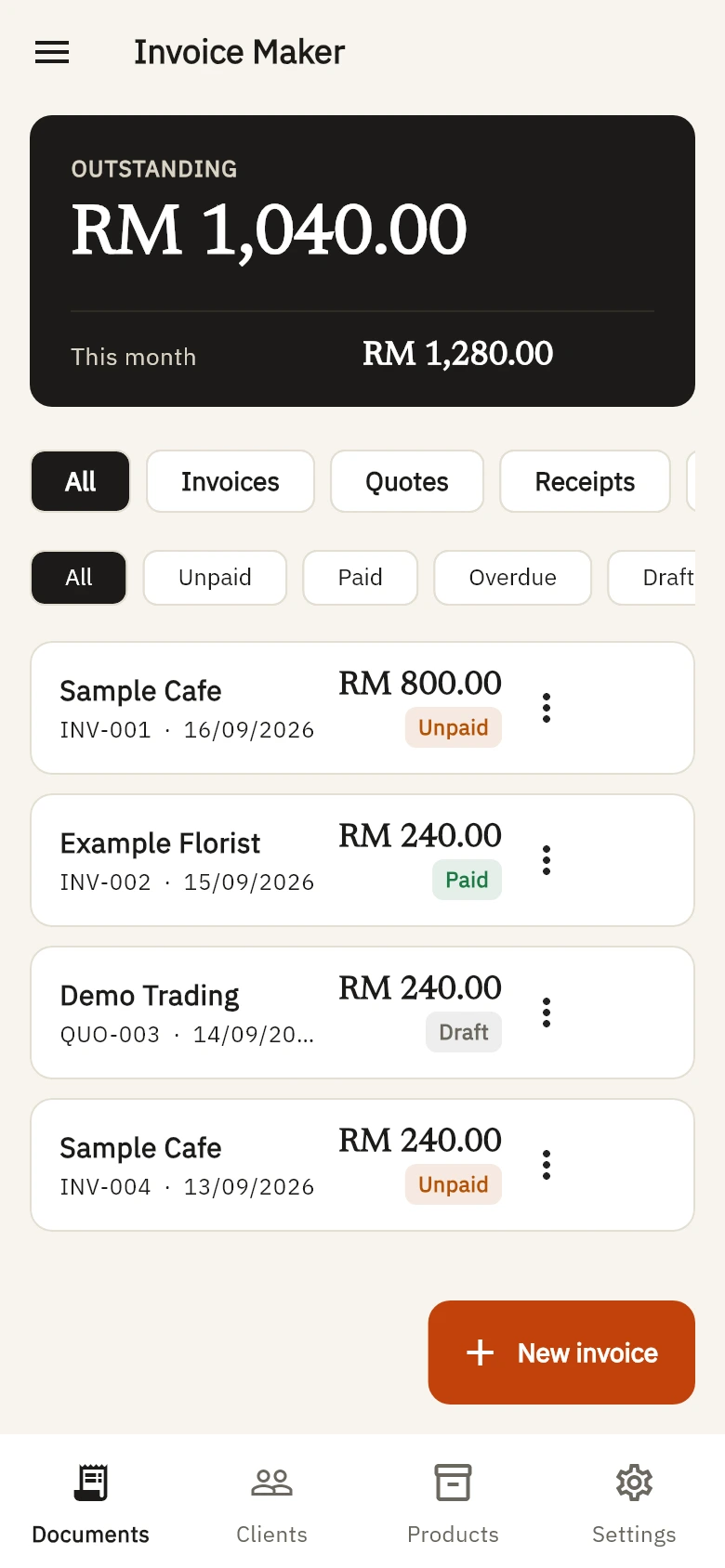 Android documents screen showing balances and payment statuses