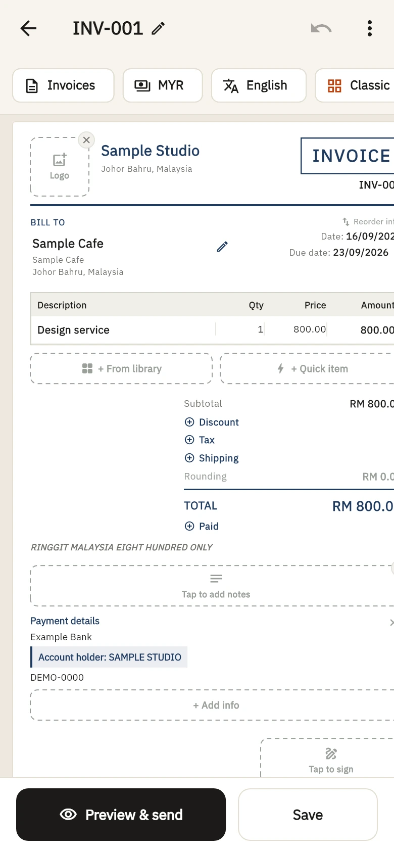 Android invoice editor with Sample Studio demonstration data